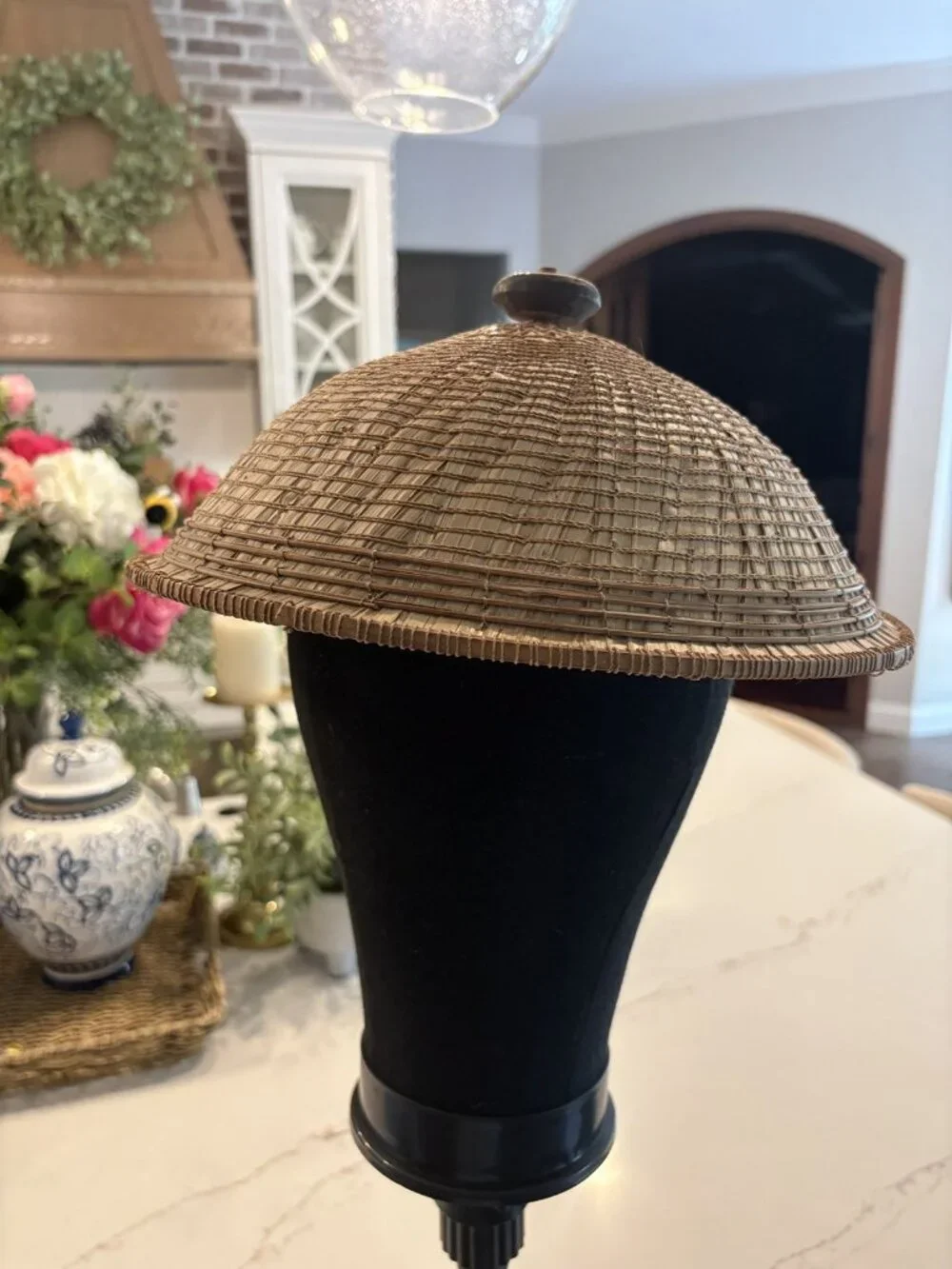 Vintage Handwoven Bamboo Conical Hat Boho Wall Decor Folk Art Woven Basket
